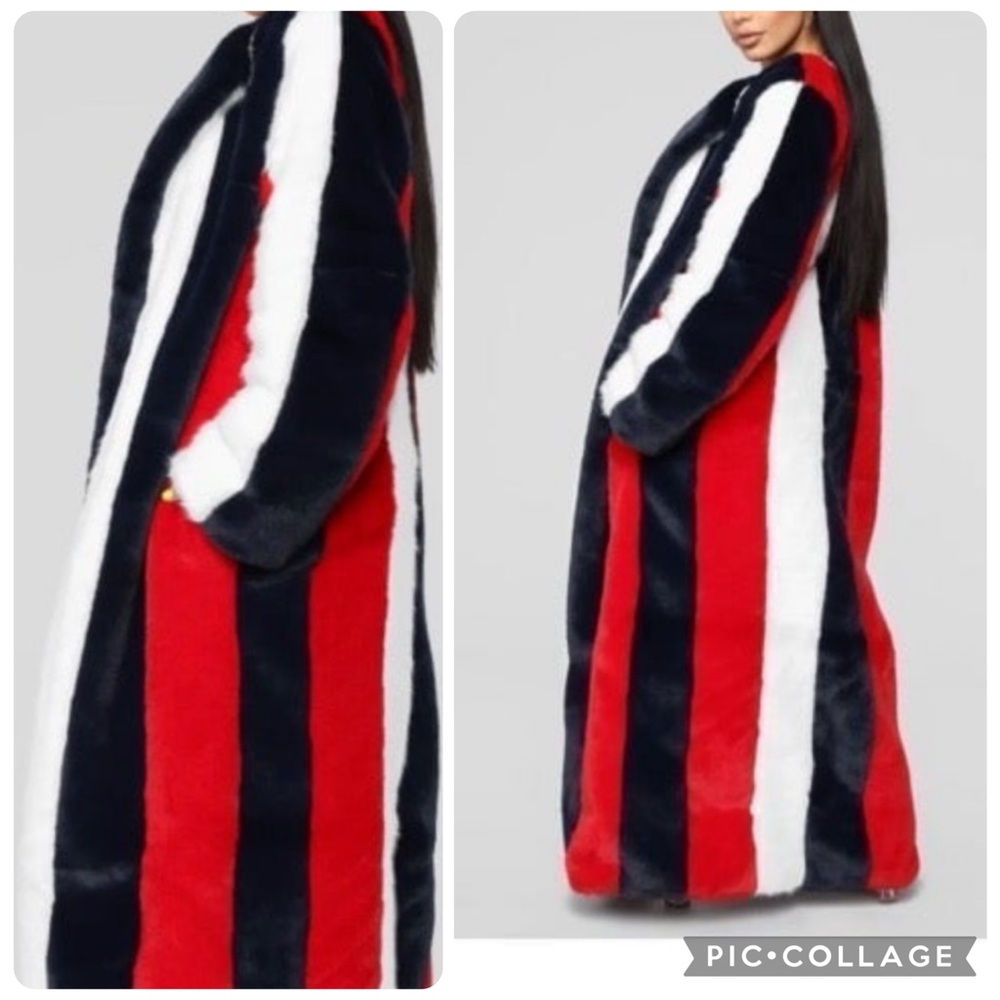 Striped Faux Fur Coat - Red, White, and Black